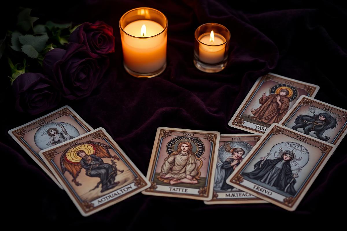 Cartas de tarot dispostas em veludo escuro com velas